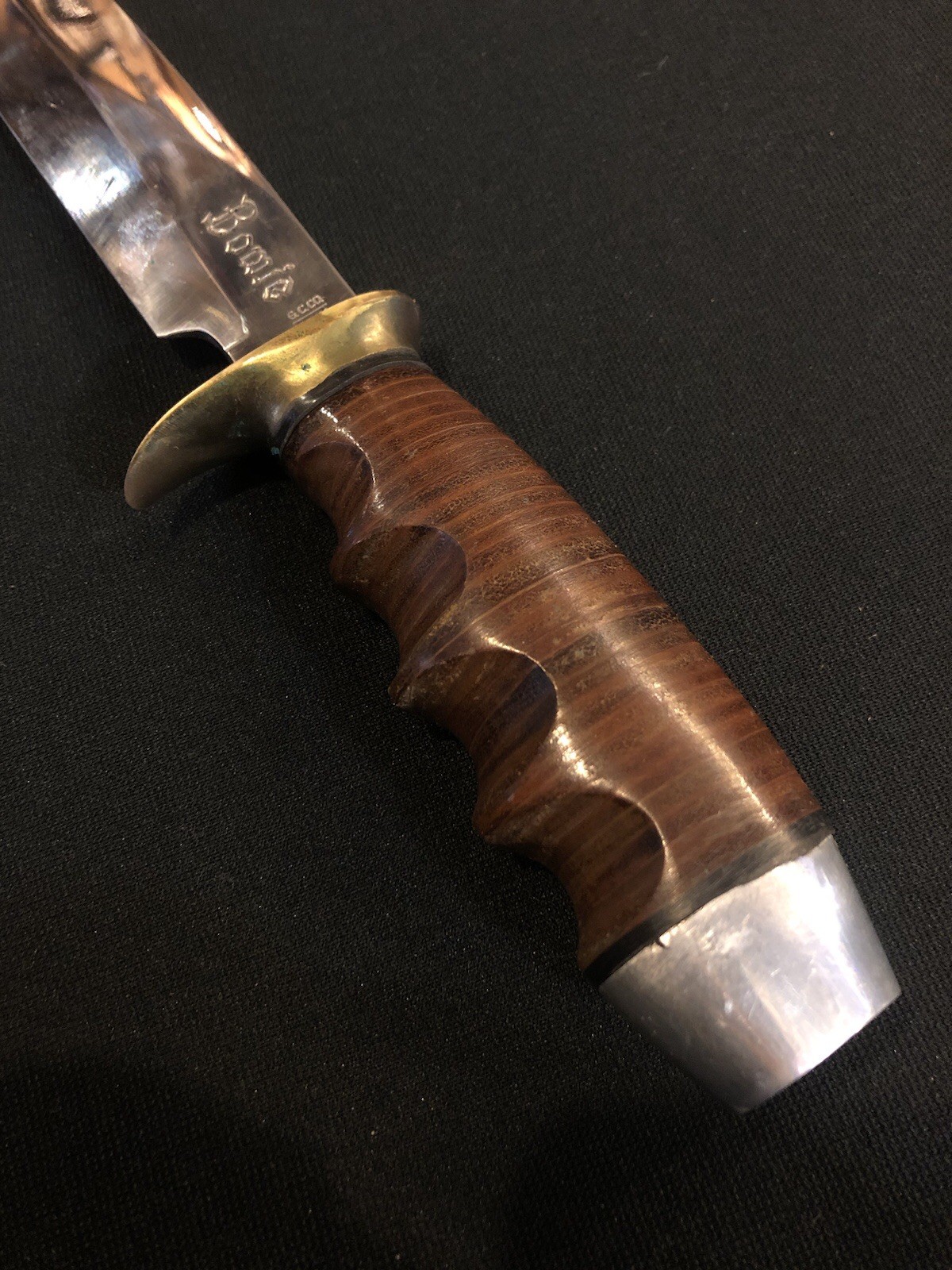 Vintage G C Co 372 Fixed Blade Bowie Knife Stacked Leather Handle Italy - Image 4